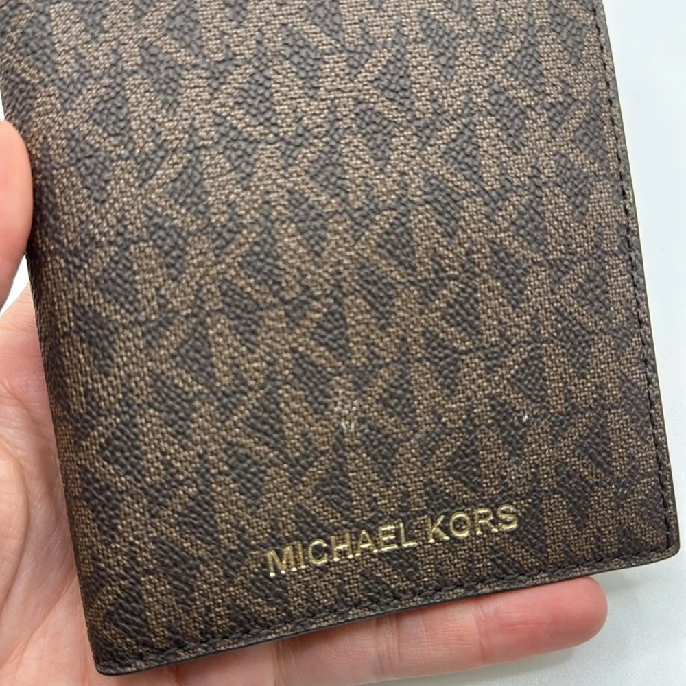 Michael Kors Brown Wallet Bifold ID Card Holder Logo Print Travel Passport Case